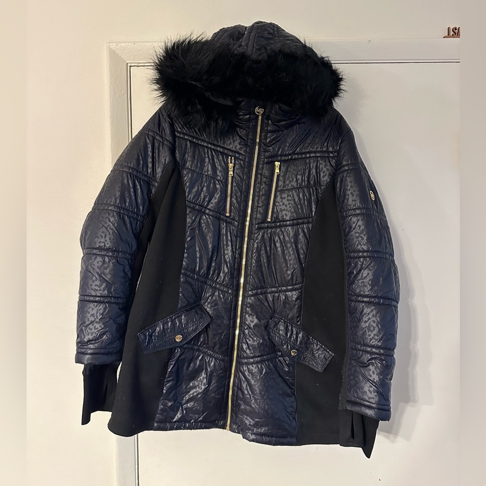 Michael Kors plus size black leopard print puffer jacket stretch sides